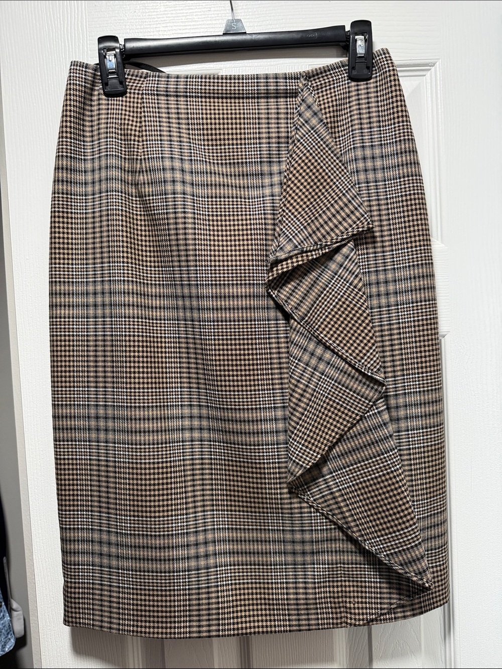 ANTONIO MELANI Plaid Pencil Skirt with Side Ruffle - Tan & Black